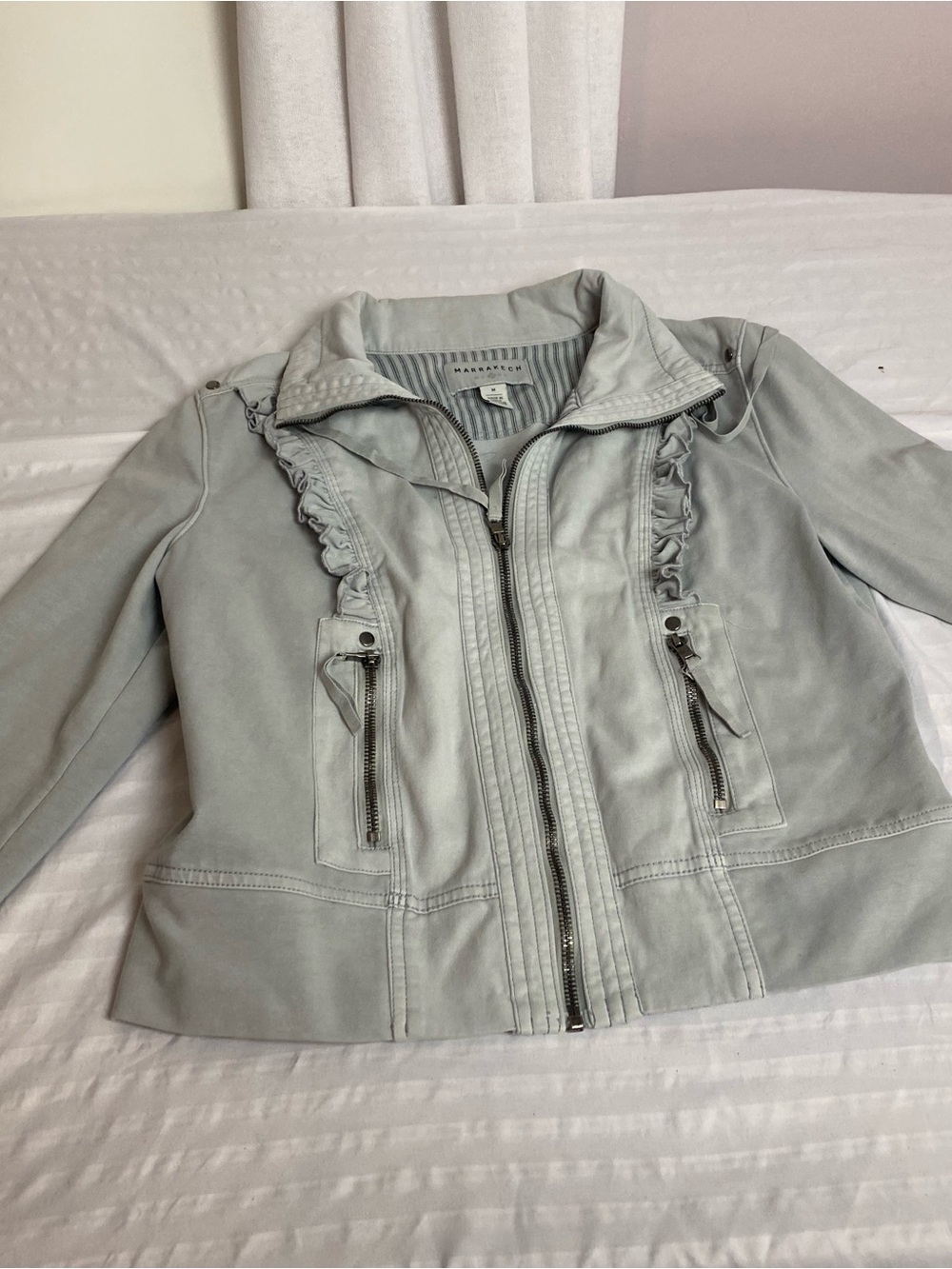 Anthropologie Light Gray Ruffle-Trim Zip Jacket